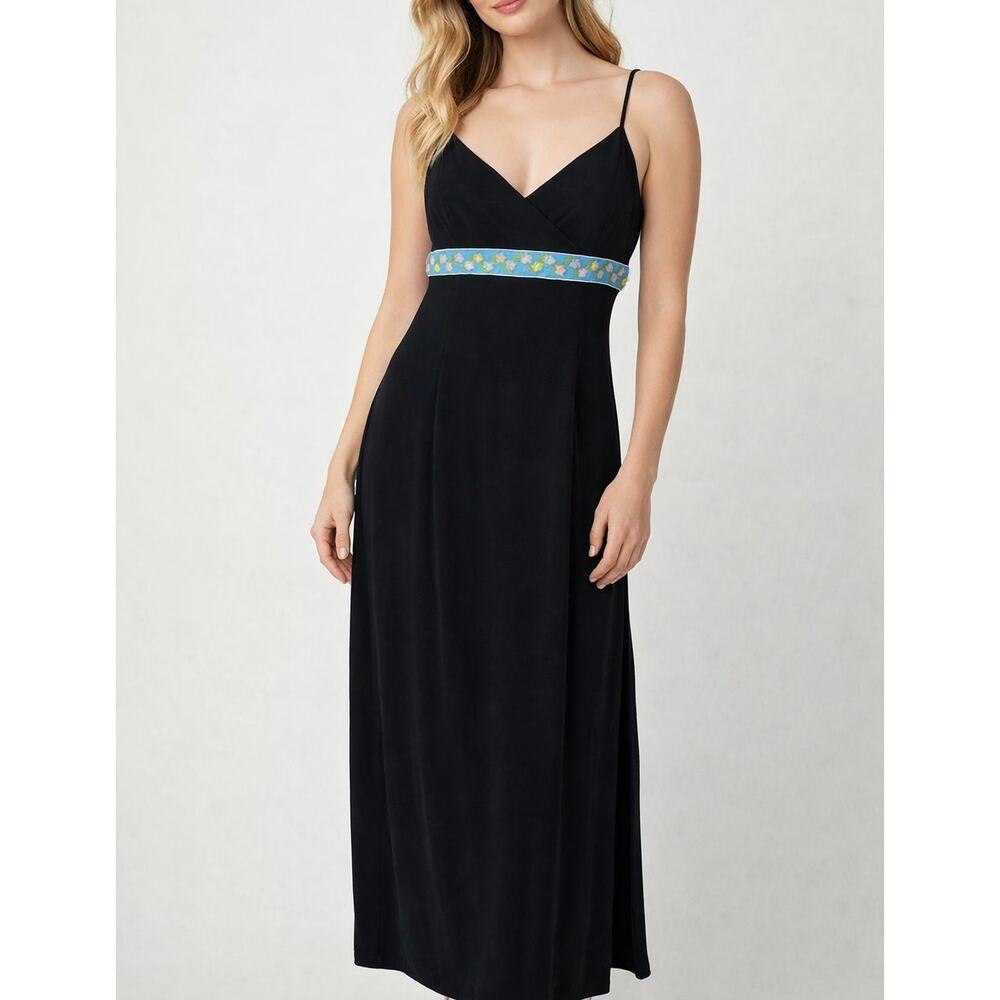 Vintage Y2k Adrianna Papell Slip Dress V-Neck Floral Maxi Formal Gown Prom Black